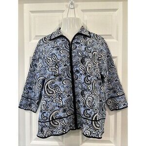 Essential G Santana Fine Knit Zip Front Paisley Print Blue Plus Size Sweater 2X
